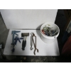 Image 1 : BUCKET OF MISC. CAULKING GUN, HATCHETS, SWIVELS, ETC.