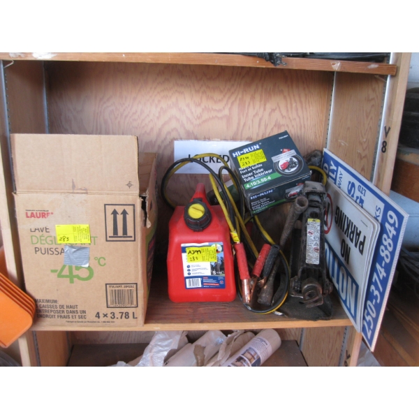 BOX OF POLY HANGERS, JERRY CAN, SIGNS, ETC.
