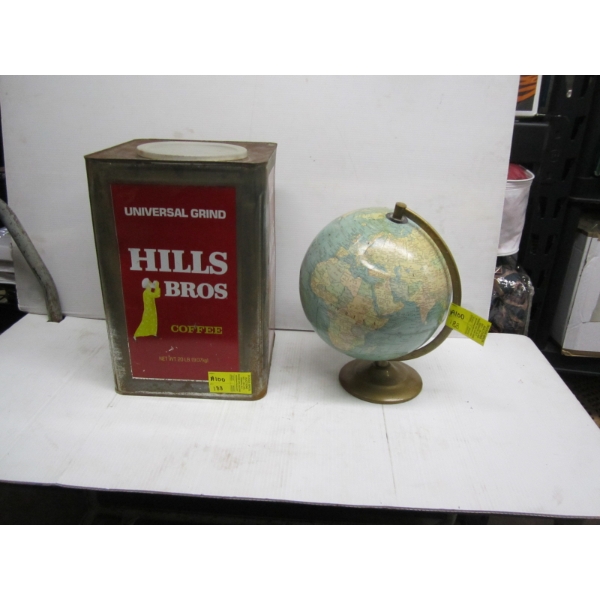 HILLS BROS. COFFEE TIN & A SMALL GLOBE