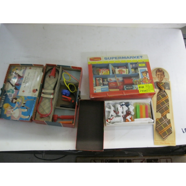VINTAGE LITTLE PLAY NURSE SET, SUPERMARKET SET, ETC.