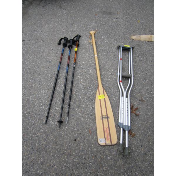 LONG PADDLE, 3 POLES & PAIR OF CRUTCHES