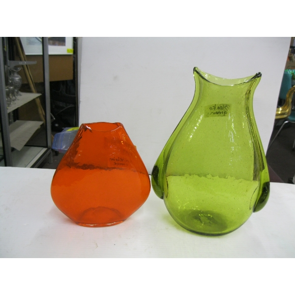 WHITE FRIARS ORANGE GLASS VASE & BLENKO GREEN GLASS VASE