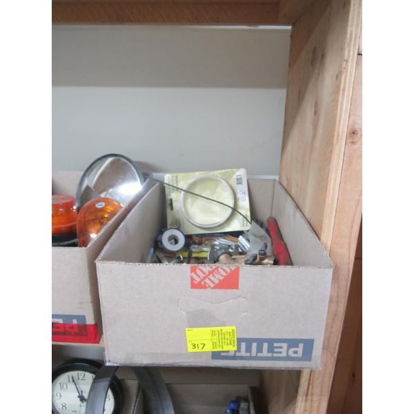 BOX OF MISC. HOSE FITTINGS, HOOKS, TAPE, ETC.