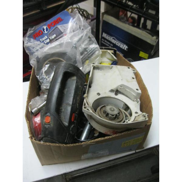 BOX OF MISC. PICK UP TRUCK CAMPER TAPE, SOCKETS, ETC.