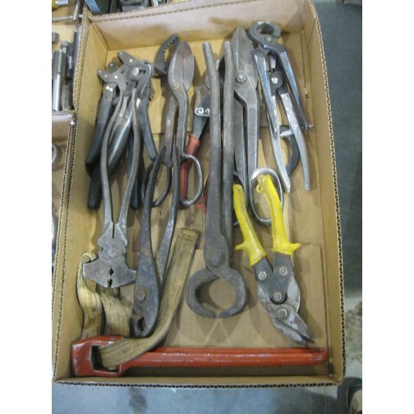 BOX OF MISC. - TIN SNIPS, PLIERS, ETC.
