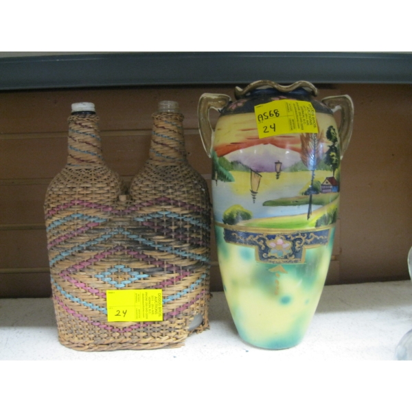 JAPANESE HAND PAINTED VASE & DUAL WICKER BOTTLE HOLDER W/BOTTLES