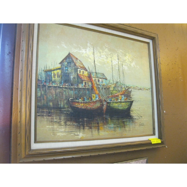 MCM ORIGINAL OIL PAINTING OF BOATS & HARBOR
