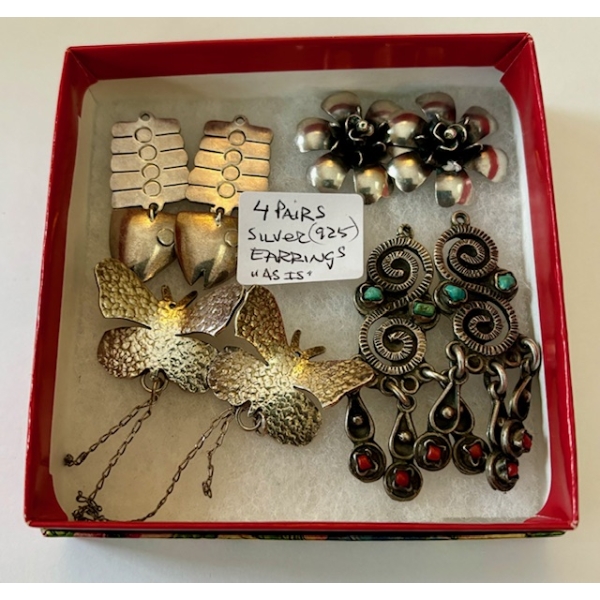 4 PAIR OF SILVER .925 EARRINGS, "AS IS"