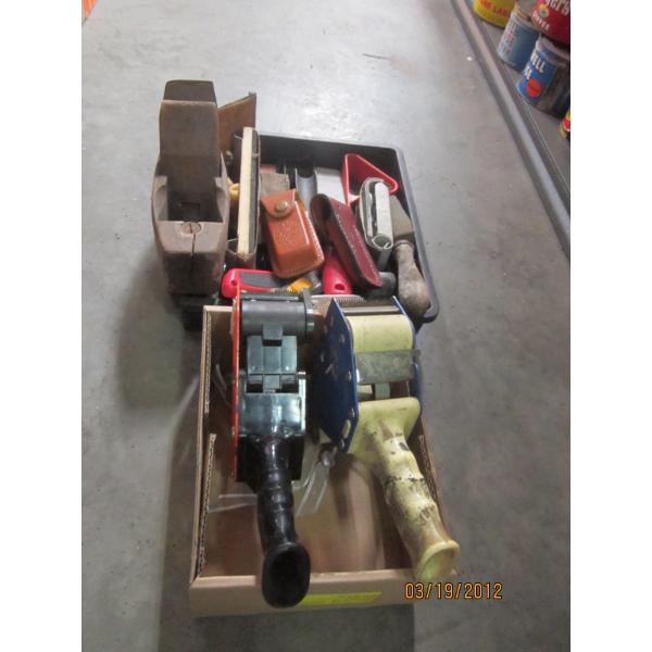 2 BOXES OF MISC. TAPE GUNS, WOODEN PLANE, KNIVES, ETC.