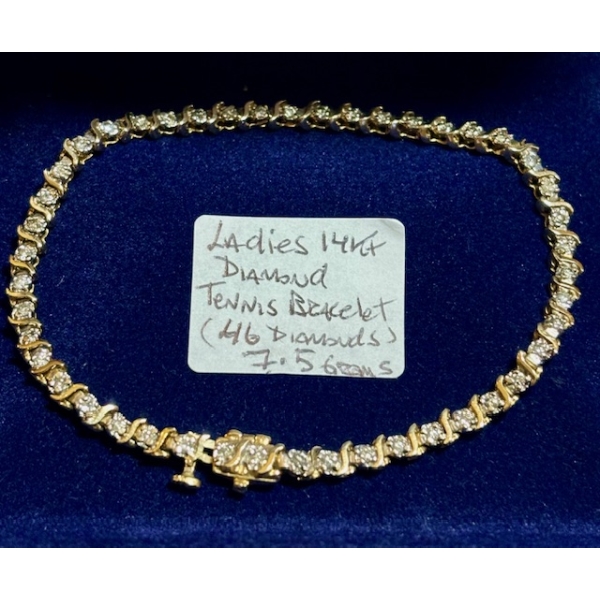 LADIES 14KT DIAMOND TENNIS BRACELET W/46 DIAMONDS, 7.5G, NOT DIAMOND DISPLAY