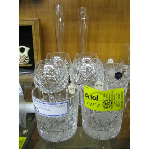 4 WHISKEY GLASSES, 4 BRANDY GLASSES & 2 SILVER BASE FLUTED GLASSES