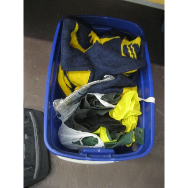 PLASTIC BIN W/MISC. RAIN GEAR, BLANKET, ETC.