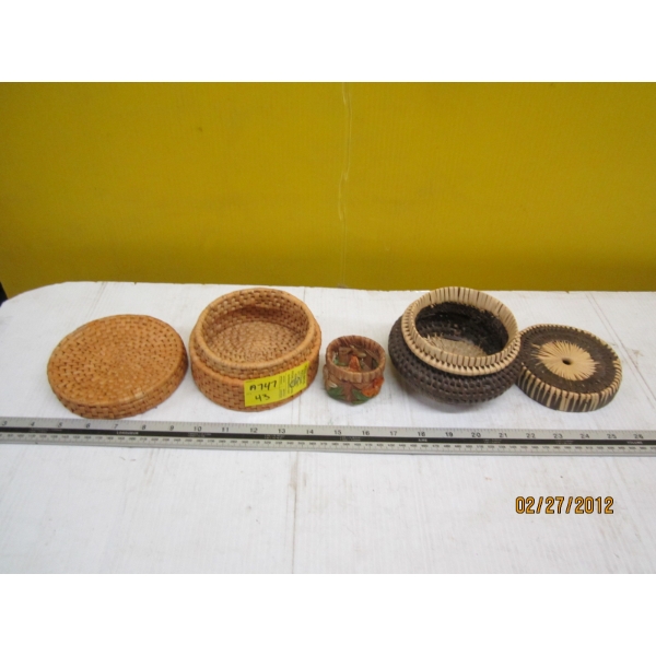3 SM. WICKER TYPE BASKETS - 2 ARE LIDDED