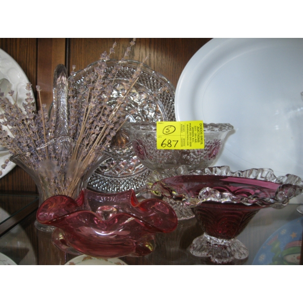 5 PIECES OF ASST. RUBY GLASS DISHES - PLATE, VASE, ETC.