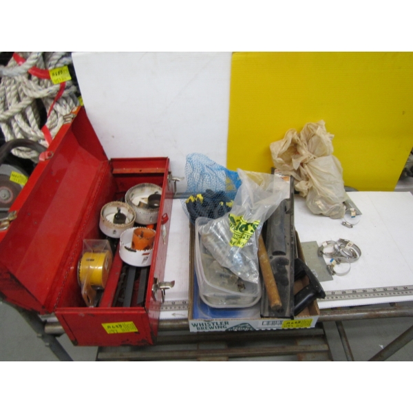 FLAT OF MISC. CLIPS, TOOLS, RED TOOLBOX W/HOLE BIT SAWS