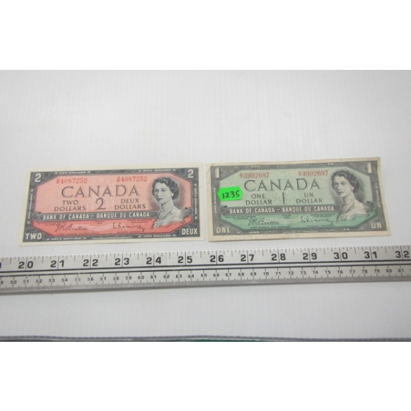 1954 CDN $1 BILL & A 1954 CDN $2 BILL