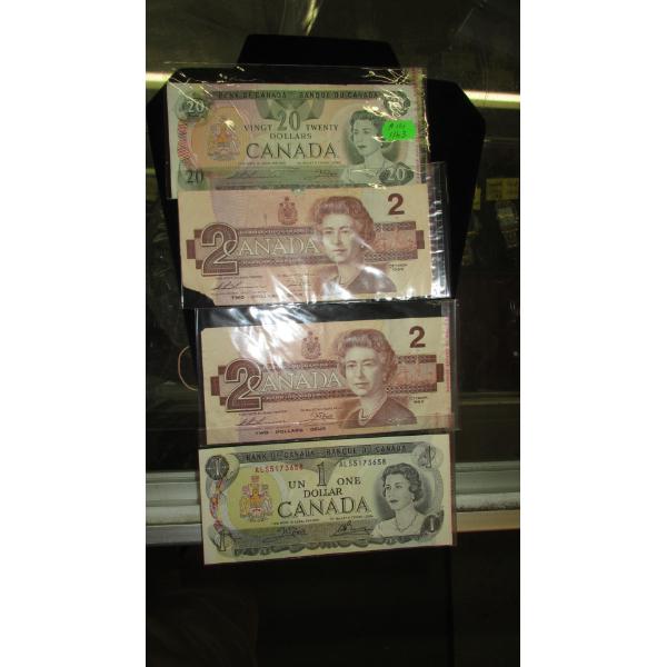 1979 $20 BILL, 2 - 1986 $2 BILLS & A1973 $1 BILL