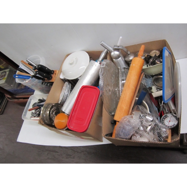 2 BOXES OF DISHWARE, ROLLING PINS, KNIFE BLOCK, SILVERWARE