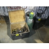 Image 1 : WOODEN BOX OF TORCHES & HOSES & 1 OXYGEN TANK & 1 OXY ACETYLENE TANK