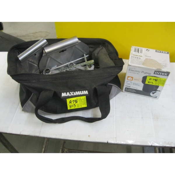 ASST. WRENCHES, DRILL BITS, ETC. & AN ELECTRIC 110V AIR PUMP