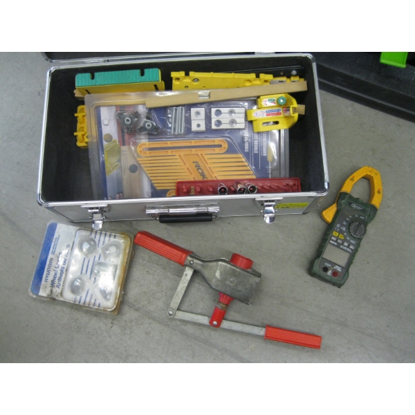SILVER BRIEFCASE W/MISC. WHEEL LOCKS, TOOLS, ETC.