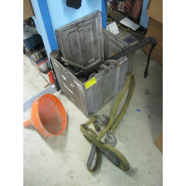 METAL ARMY BOX W/MISC. FUNNEL, ROPE, CHAIN, HOOK, CLEVICE, ETC.