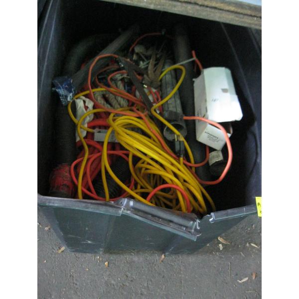 LG. BIN OF MISC. TOOLS, EXTENSION CORDS, AIRLINE, ETC.