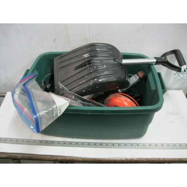 BIN OF MISC: PORTABLE SHOVEL, WEED EATER LINE, FLASHLIGHTS,, ETC.