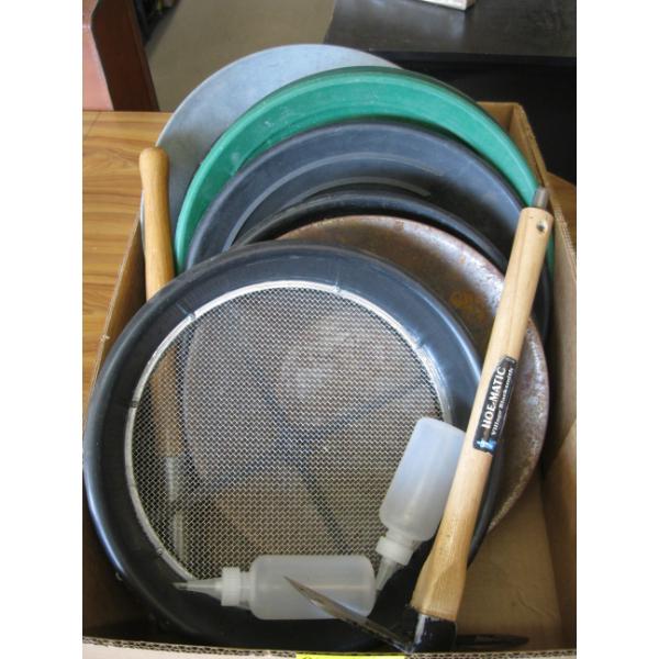 GOLD PANS, FOLDING SHOVEL, PICK AXE, ETC.