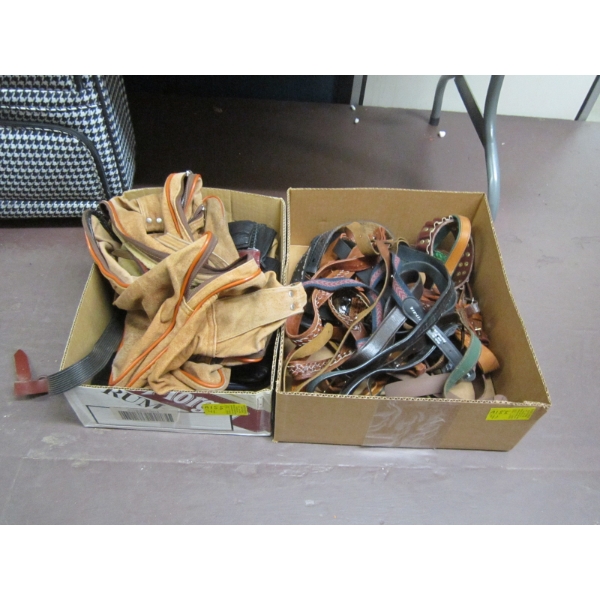 2 BOXES OF MISC. LEATHER BELTS, BAGS, ETC.