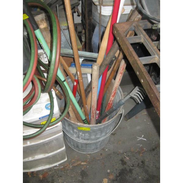 GALVANIZED GARBAGE CAN W/ASST. ITEMS: HANDLES, SQUEEGEES, BROOM, ETC.