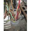 Image 1 : GALVANIZED GARBAGE CAN W/ASST. ITEMS: HANDLES, SQUEEGEES, BROOM, ETC.