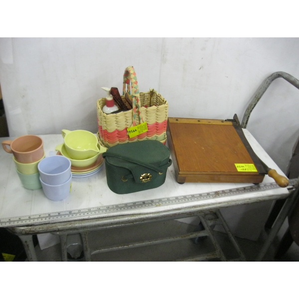 MISC. MELMAC DISHES, AVON COLLECTABLES, CUTTING BOARD, ETC.