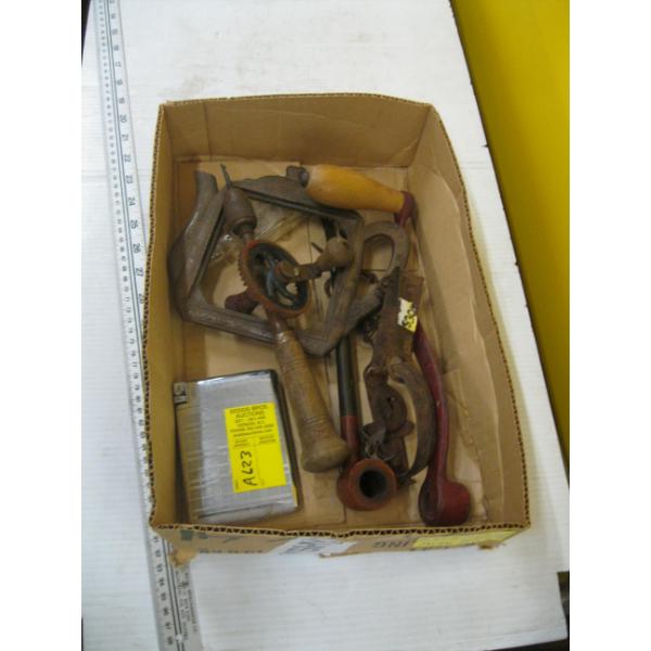 MISC. COLLECTABLES, DRILL, HANDLES, SM. TRAP, ETC.