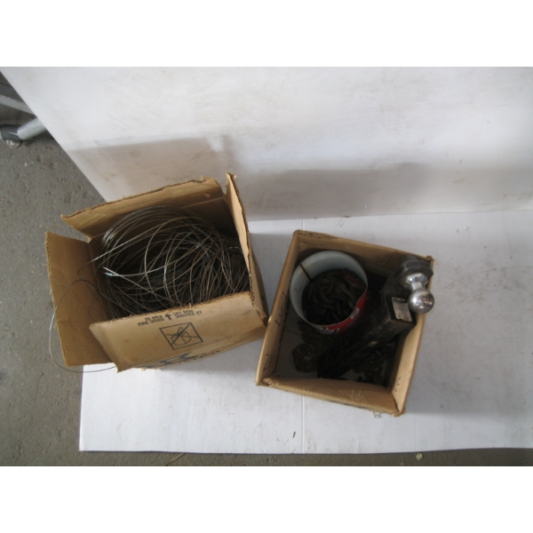 2 BOXES OF MISC. WIRE CABLE, CHAIN, TRAILER HITCH, ETC.