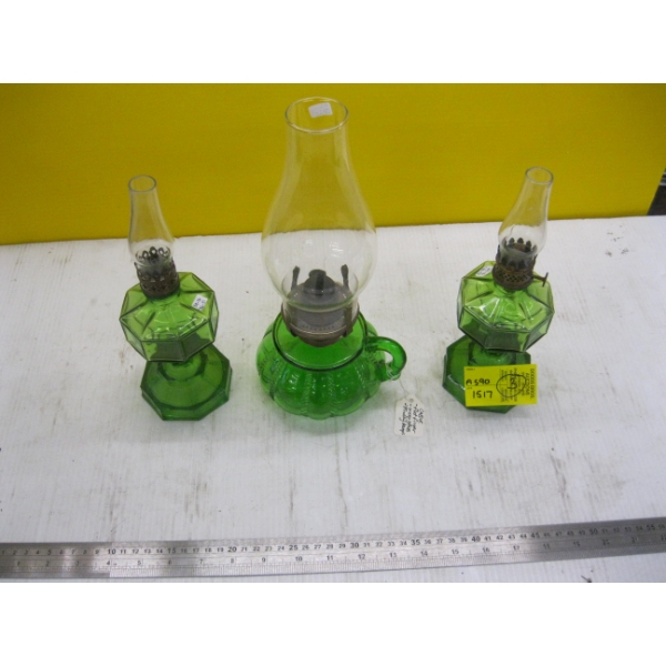 3 GREEN BASED OIL LAMPS