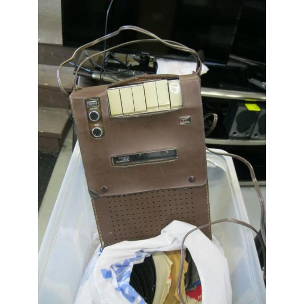 BIN W/MISC. VINTAGE CASSETTE RECORDER, 45RPM RECORDS, VINTAGE CAMERA