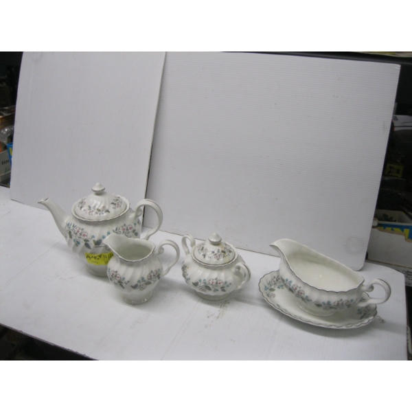 ENGLISH CHINA TEAPOT W/CREAM & SUGAR & GRAVY BOAT