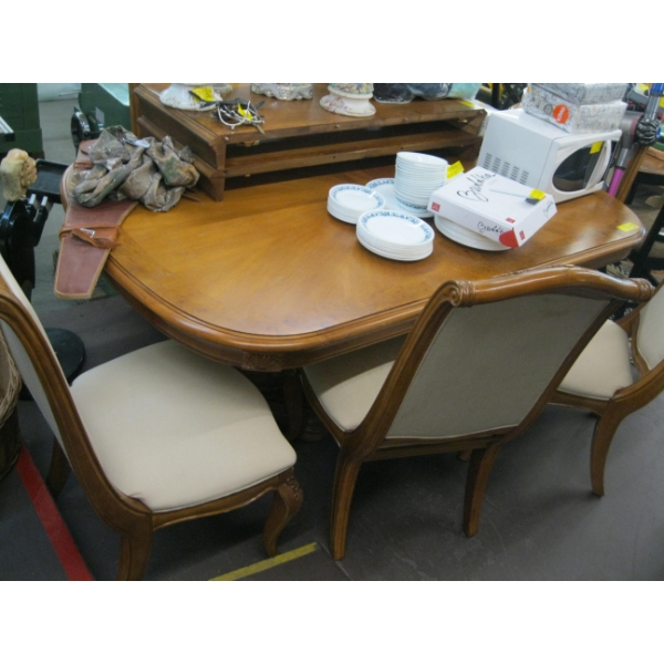LG. DINING TABLE W/6 UPHOLSTERED CHAIRS, 2 LEAVES