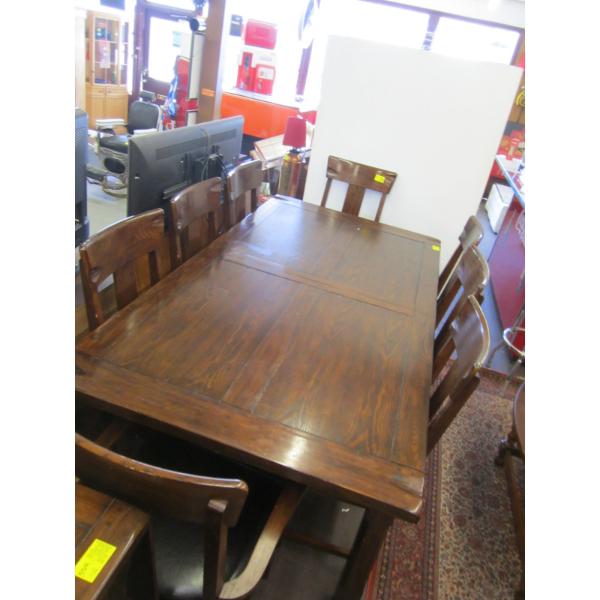 LG. HEAVY WOODEN DINING TABLE W/8 WOOD FRAMED CHAIRS W/PADDED SEATS