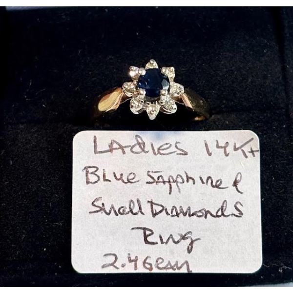 LADIES 14KT BLUE SAPPHIRE & SMALL DIAMONDS RING - 2.4G - SZ 4 1/2