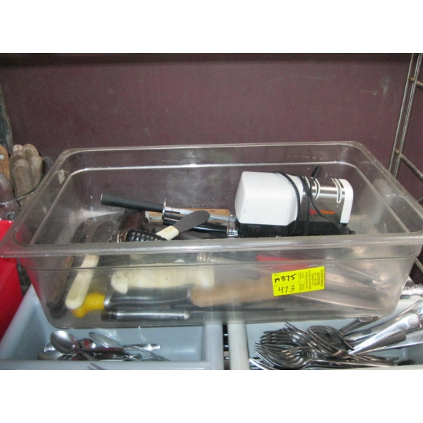 TUB OF ASST. KNIVES, ETC. INCL. ELECTRIC KNIFE SHARPENER