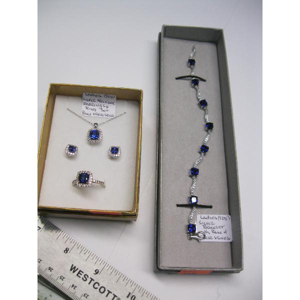 LADIES .925 SILVER BRACELET & MATCHING .925 SILVER NECKLACE, EARRINGS & RING (SZ 9) 