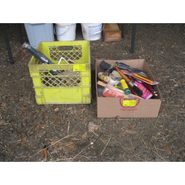 2 BOXES OF MISC. PAINTING SUPPLIES - BRUSHES, ROLLERS, ETC.