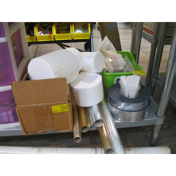 MISC. WRAPPING, STYROFOAM PIECES, ARTIFICIAL FLOWERS, ETC.