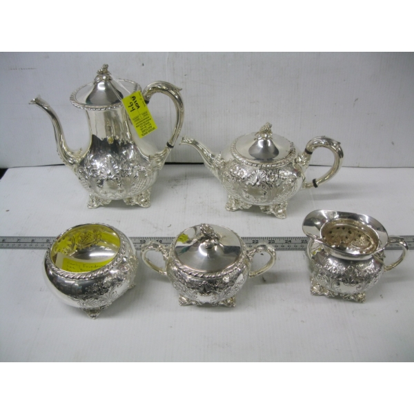 5 PIECE SET OF EARLY FRIEDMAN SILVER CO. HAND CHASED COFFEE/TEA POTS, CREAM, SUGAR & SLOP BOWL