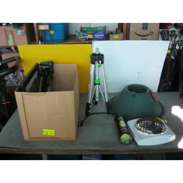 MISC. PICTURE, CHRISTMAS TREE STAND, TRIPODS, SINGLE BURNER, ETC.