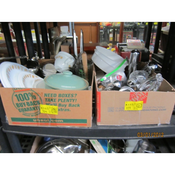 2 FLATS OF MISC. CORELLE DISHES, MEASURING CUPS, ETC.