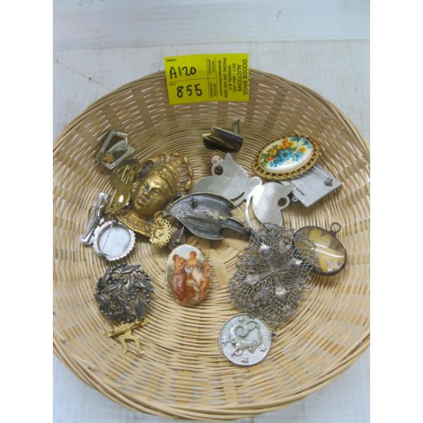 WICKER BASKET W/ASST. BROACHES, ETC.