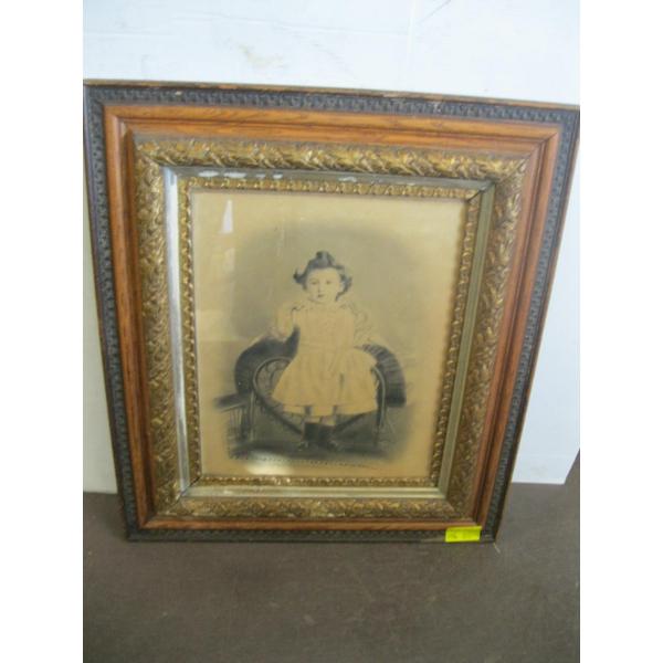 WOOD FRAMED ANTIQUE PICTURE OF YOUNG GIRL